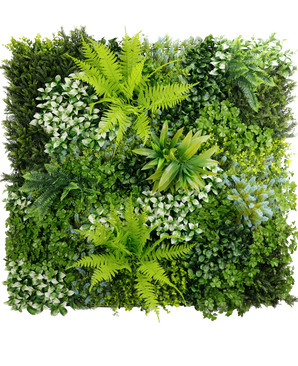 La Haie Artificielle Cloe 100x100 cm UV est un jardin vertical carré avec un mélange de plantes vertes luxuriantes et de fougères aux formes, tailles et nuances de feuilles variées pour un mur végétal dense, structuré et vivant.