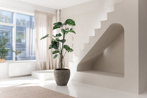 Chambre minimaliste et ensoleillée avec de grandes fenêtres, une plante artificielle Monstera de 210 cm, un tapis beige, un escalier blanc unique avec une niche voûtée en dessous. Des rideaux lumineux et une plante sur le rebord de la fenêtre complètent cet espace serein.