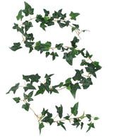 La plante suspendue artificielle Lierre Boston Garland 180 cm vert possède une seule vigne de lierre artificiel avec des feuilles vert foncé qui serpentent élégamment sur un fond blanc.