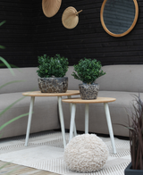 Deux petites tables rondes en bois avec Plante Artificielle Buis style Romain UV 36cm se dressent sur un tapis à motifs devant un canapé beige. Un miroir rond et des ventilateurs décoratifs sont accrochés à un mur en bois sombre derrière, avec un pouf beige moelleux sur le tapis.