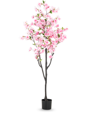 La Fleur de Cerisier Artificielle 180 cm rose présente des fleurs roses et des feuilles vertes dans un petit pot noir, sur un fond blanc uni.