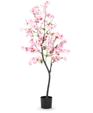 La Fleur de Cerisier Artificielle 150 cm rose présente des fleurs en soie rose et des feuilles vertes dans un pot noir, sur un fond blanc uni.