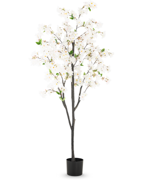 La Fleur de Cerisier Artificielle 180 cm blanche est un grand arbre artificiel avec plusieurs branches marron foncé, des fleurs blanches et des feuilles vertes dans un simple pot noir, sur un fond blanc uni.