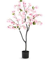 Fleur de cerisier artificielle 120 cm rose avec fleurs roses et feuilles vertes dans un pot noir, composée de fleurs en soie pour un rendu réaliste, sur fond blanc.