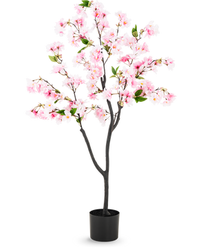 Fleur de cerisier artificielle 120 cm rose avec fleurs roses et feuilles vertes dans un pot noir, composée de fleurs en soie pour un rendu réaliste, sur fond blanc.