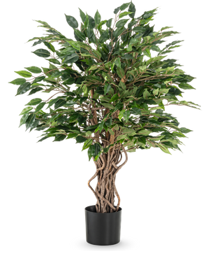 La plante artificielle Ficus Liana 90 cm a des troncs bruns torsadés et des feuilles vertes denses dans un pot noir, idéale comme plante de bureau ou pour toute collection de ficus, représentée sur un fond blanc.