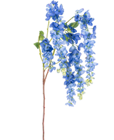 Une seule tige de glycine artificielle de 115 cm avec des fleurs de glycine vibrantes et des feuilles vertes sur une longue et mince tige brune, isolée sur un fond blanc.