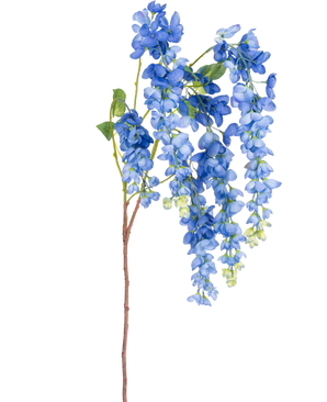 Une seule tige de glycine artificielle de 115 cm avec des fleurs de glycine vibrantes et des feuilles vertes sur une longue et mince tige brune, isolée sur un fond blanc.