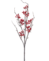 La Branche Artificielle Berry 93 cm rouge possède une branche nue brune avec de multiples ramifications et des grappes de baies rouge vif sur un fond blanc uni.