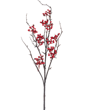 De Kunsttak Berry 93 cm rood heeft een kale bruine tak met meerdere uitlopers en trossen felrode bessen tegen een effen witte achtergrond.