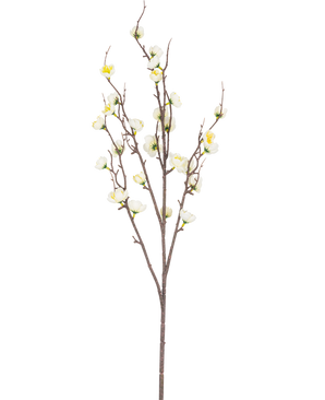 La Fleur de Cerisier Japonais Artificielle 94 cm blanche possède une seule branche marron avec de multiples pousses fines et de petites fleurs de cerisier artificielles blanches, sur un fond blanc uni.