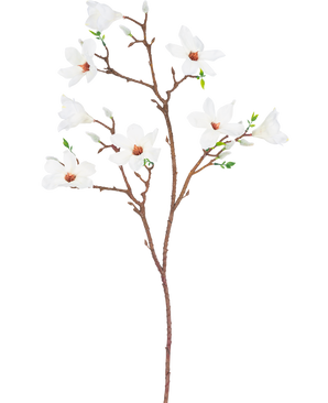 La Branche Artificielle Magnolia à petites fleurs blanche de 89 cm possède une seule branche brune à plusieurs ramifications, avec de multiples fleurs blanches ouvertes au cœur rose clair et de petites feuilles vertes, sur un fond uni blanc.