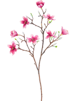 De Kunsttak Magnolia kleinbloemig 89 cm roze heeft een tak met verschillende bloeiende roze magnolia bloemen en groene bladeren, perfect voor decoratief gebruik.