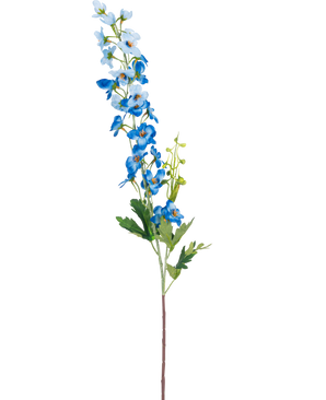 La Fleur Artificielle Delphinium 79 cm bleue a une seule longue tige avec des fleurs bleues en grappes et des feuilles vertes sur fond blanc. Les fleurs vont du bleu clair au bleu foncé le long du sommet de la tige.