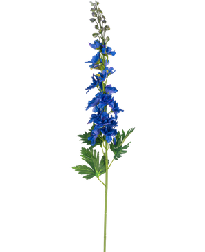 Une seule tige Fleur artificielle Delphinium 79 cm bleue avec des fleurs bleues et des feuilles vertes divisées, sur un fond blanc uni.