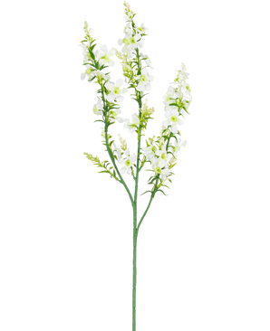 La Fleur Artificielle Cataire 75 cm blanche possède une seule tige verte avec de multiples branches de petites fleurs blanches et des bourgeons jaune-vert, isolés sur un fond blanc.