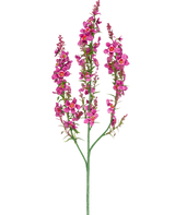 Een Kunstbloem Catnip 75 cm lichtroze heeft een enkele groene steel met drie takken, elk met clusters van kleine, lichtroze bloemen en groene bladeren, tegen een effen witte achtergrond.