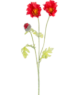 La Fleur Artificielle Coquelicot 73 cm rouge a une seule tige verte avec deux fleurs de coquelicot rouge ouvertes, un bourgeon rouge partiellement fermé et des feuilles vert clair, le tout sur un fond blanc uni.