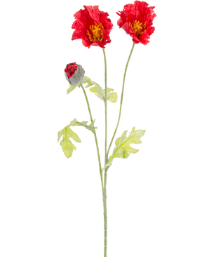 La Fleur Artificielle Coquelicot 73 cm rouge a une seule tige verte avec deux fleurs de coquelicot rouge ouvertes, un bourgeon rouge partiellement fermé et des feuilles vert clair, le tout sur un fond blanc uni.