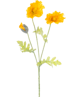 La fleur artificielle de coquelicot de 73 cm jaune a une tige avec trois coquelicots artificiels jaune vif, un bourgeon fermé et des feuilles vert clair, représentés sur un fond blanc uni.