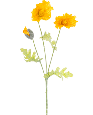 La fleur artificielle de coquelicot de 73 cm jaune a une tige avec trois coquelicots artificiels jaune vif, un bourgeon fermé et des feuilles vert clair, représentés sur un fond blanc uni.
