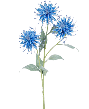 La fleur artificielle Scabiosa Japonica 70 cm bleue a une seule tige verte avec trois fleurs artificielles bleues et vaporeuses et plusieurs feuilles vertes, sur un fond blanc uni.