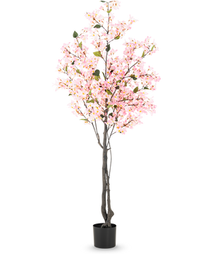 Plante artificielle Bougainvillier 180 cm rose avec plusieurs branches pleines de petites fleurs roses et feuilles vertes dans un simple pot noir, sur fond blanc.