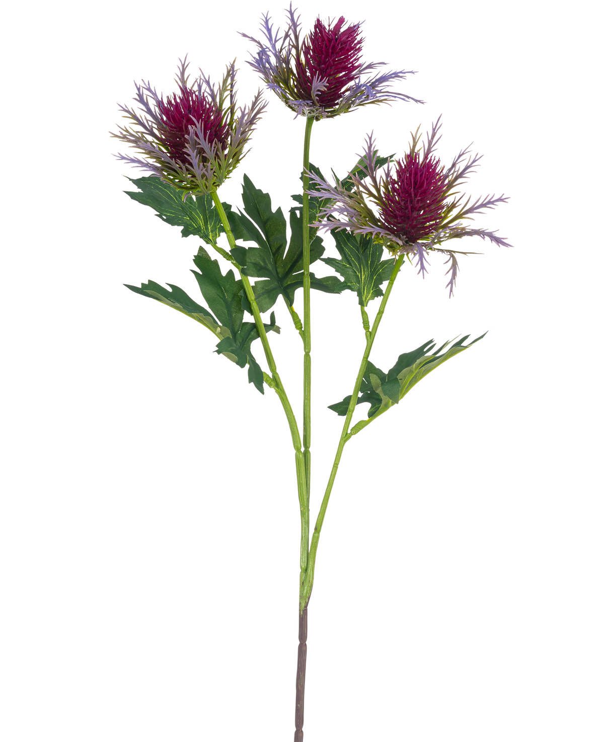 La branche artificielle de chardon de 67 cm violet a une seule tige avec trois fleurs épineuses ressemblant à un chardon violet et des feuilles vertes irrégulières sur un fond blanc.