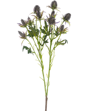 La branche artificielle de chardon de 68 cm bleu a une seule tige avec de multiples fleurs de chardon bleu épineux et des feuilles vertes dentelées, isolées sur un fond blanc.