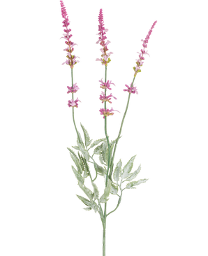 La Branche Artificielle Lavande 66 cm violette possède une tige unique avec trois épis hauts et élancés de petites fleurs violettes et plusieurs feuilles vertes dentelées sur fond blanc.