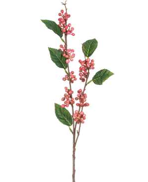 La Branche Artificielle Baies 64 cm rose présente de multiples grappes de petites baies roses rondes aux feuilles vertes dentelées sur de fines tiges brunes, le tout isolé sur un fond blanc.