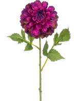 Une seule fleur artificielle Dahlia de 50 cm violette avec des pétales violets éclatants et des feuilles vertes, isolée sur un fond blanc.