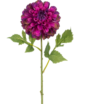 Une seule fleur artificielle Dahlia de 50 cm violette avec des pétales violets éclatants et des feuilles vertes, isolée sur un fond blanc.