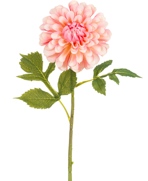 De Kunstbloem Dahlia 50 cm roze is een enkele roze kunstdahlia met gelaagde bloemblaadjes en een groene steel met drie sets gekartelde bladeren, tegen een witte achtergrond.