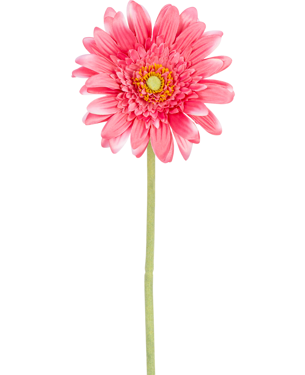 Une fleur de Gerbera artificielle de 55 cm rose, avec un noyau jaune et de l'acier vert, isolée sur fond blanc.