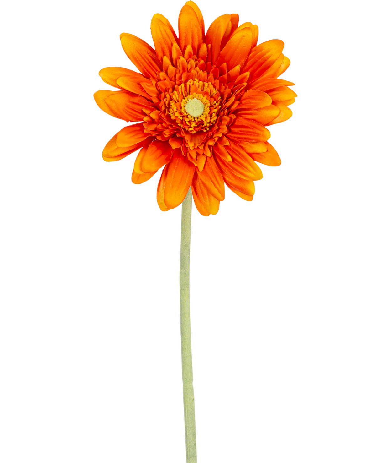 La Fleur Artificielle Gerbera 53 cm orange a un gerbera orange vif avec des pétales superposés et un cœur jaune, sur une longue tige verte sur un fond blanc uni.
