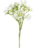 Une seule branche artificielle de Baby's Breath mesurant 46 cm avec de petites fleurs blanches délicates et des tiges vertes sur un fond blanc uni.