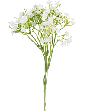 Une seule branche artificielle de Baby's Breath mesurant 46 cm avec de petites fleurs blanches délicates et des tiges vertes sur un fond blanc uni.