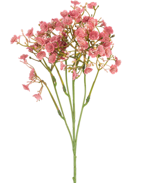 La Branche de Gypsophile Artificielle 48 cm rose vintage possède une seule tige verte avec de multiples branches fines, chacune décorée de bouquets de petites fleurs roses rondes, le tout sur un fond blanc uni.