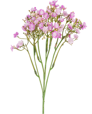 La Branche de Gypsophile Artificielle 46 cm rose présente de délicates fleurs de gypsophile roses avec de petits pétales ronds sur de fines tiges vertes, sur un fond blanc.