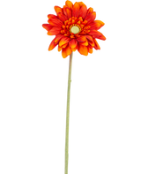 La Fleur Artificielle Gerbera mini 47 cm orange tendre est une marguerite artificielle aux pétales superposés, au cœur jaune et à la longue tige verte, isolée sur fond blanc.