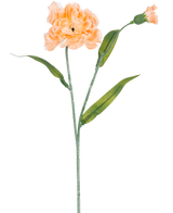 L'œillet artificiel pêche 40 cm est un œillet artificiel pêche clair avec des feuilles vertes et un petit bourgeon non ouvert, représenté sur fond blanc.