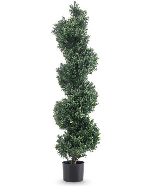 Le Buis Artificiel Spirale Style Romain UV 120 cm est un topiaire artificiel aux feuilles vertes denses en spirale, dans un simple pot noir et sur un fond blanc.