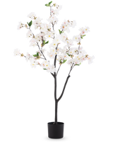 La Fleur de Cerisier Artificielle 120 cm blanc est un arbre artificiel en pot avec des branches marron foncé, des feuilles vertes et des bouquets de fleurs blanches sur un fond blanc uni.