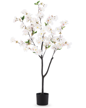 La Fleur de Cerisier Artificielle 120 cm blanc est un arbre artificiel en pot avec des branches marron foncé, des feuilles vertes et des bouquets de fleurs blanches sur un fond blanc uni.