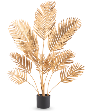 Le palmier artificiel Areca gold 120 cm présente des feuilles de palmier dorées métallisées dans un pot noir, sur un fond blanc uni.