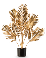 Le palmier artificiel Areca gold 80 cm est une plante décorative en pot avec des feuilles de palmier dorées métallisées dans un pot noir, sur un fond blanc uni.