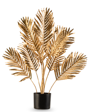 Le palmier artificiel Areca gold 80 cm est une plante décorative en pot avec des feuilles de palmier dorées métallisées dans un pot noir, sur un fond blanc uni.