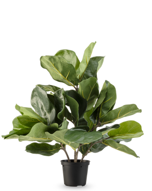 Le plant de tabac artificiel Fiddle Leaf UV 45 cm présente de grandes feuilles vertes brillantes et des tiges épaisses dans un pot en plastique noir, sur un fond blanc uni.