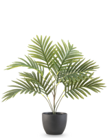 Le palmier artificiel Phoenix 50 cm présente de longues feuilles vertes courbées dans un pot décoratif rond noir, sur un fond blanc uni.